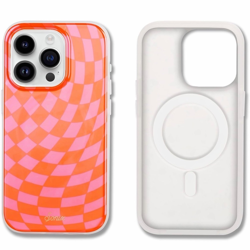 Sonix Vibrant Orange and Pink Swirl iPhone 15 Pro Case - Pink Checkmate MagSafe